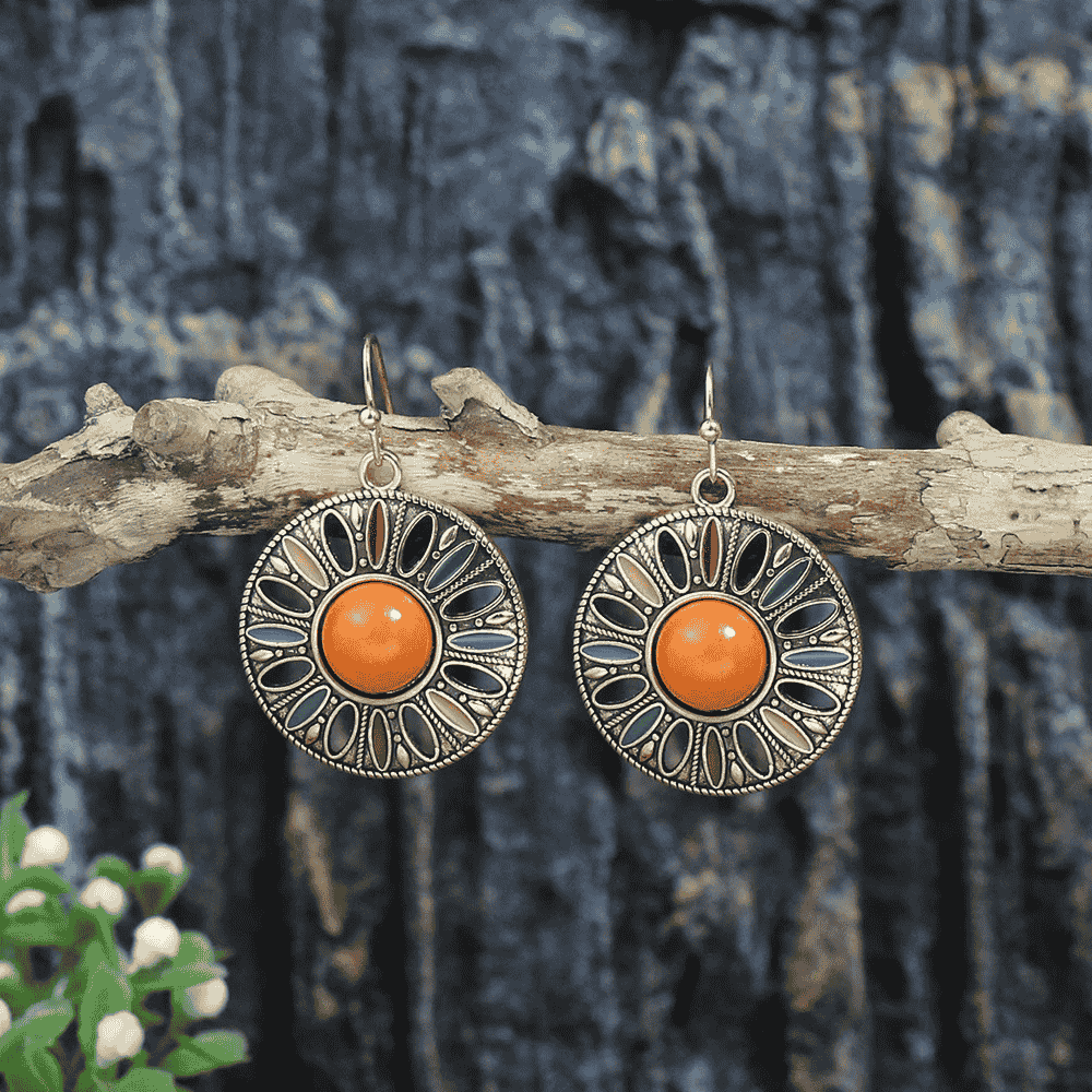 Bohemian Oxidised Alloy Round Drop Earrings - Orange Stone Inlay