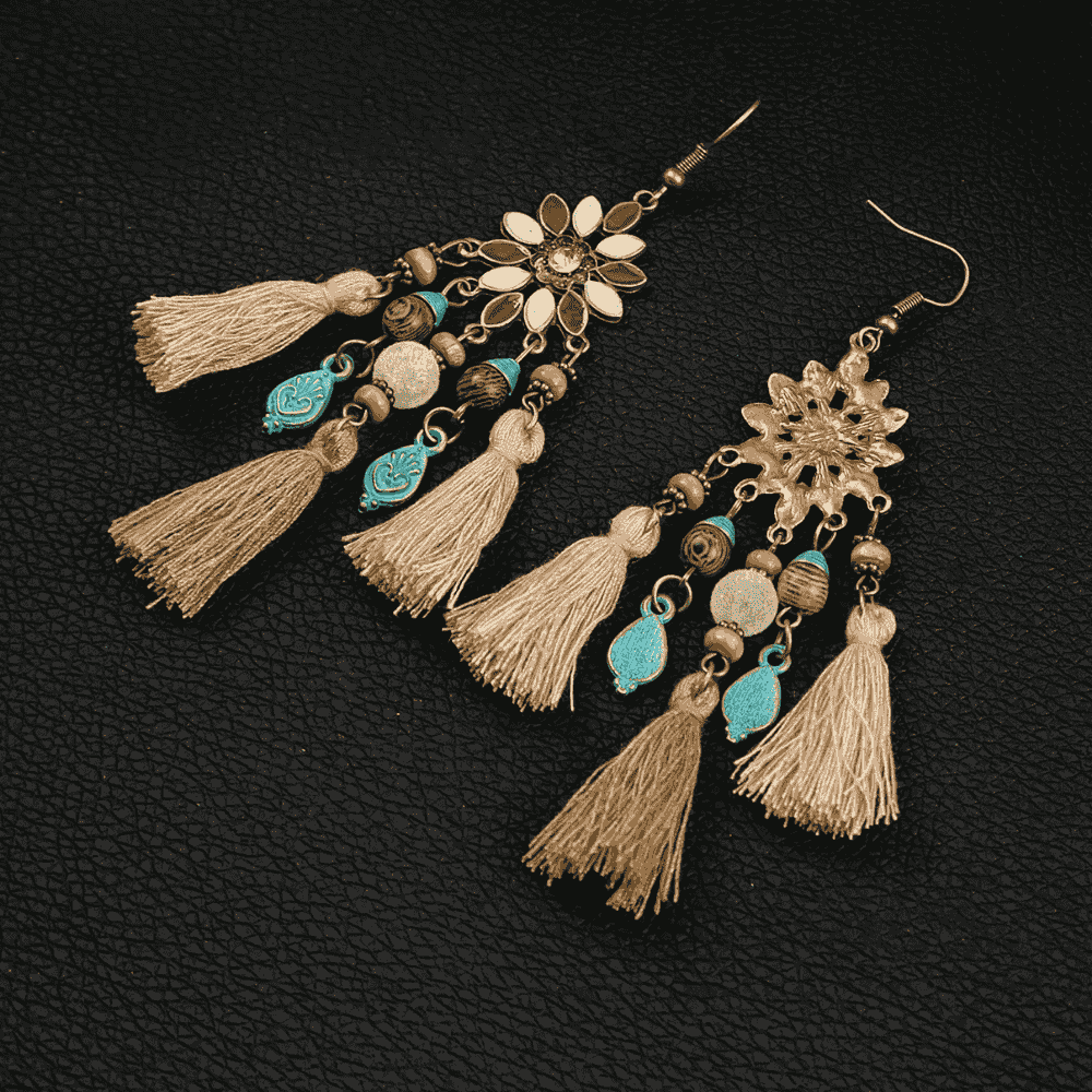 Another view of the boho earrings, emphasizing the craftsmanship and the blend of colors and materials, suitable for bohemian jewelry lovers.