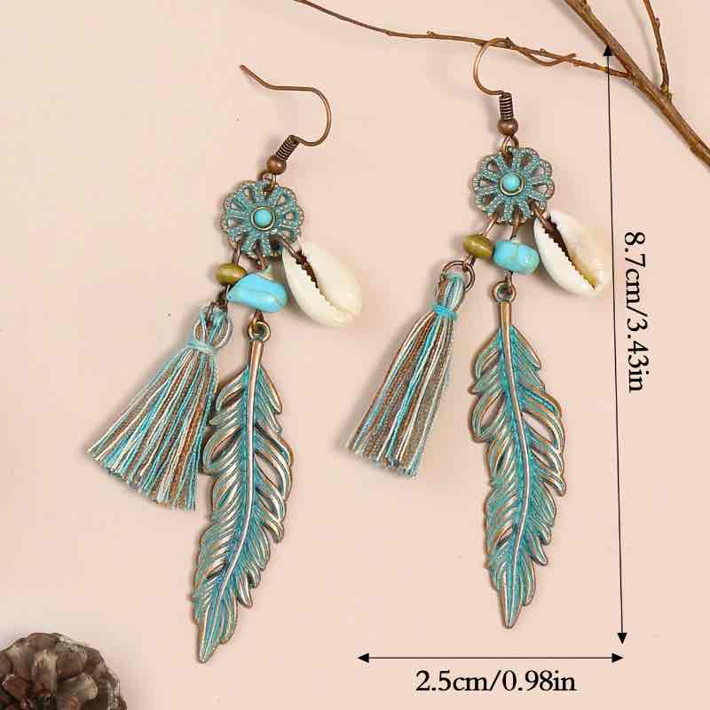 Unique Oxidised Boho Dangle Earrings with Shell and Feather - Right bottom detail | Earthy Origin