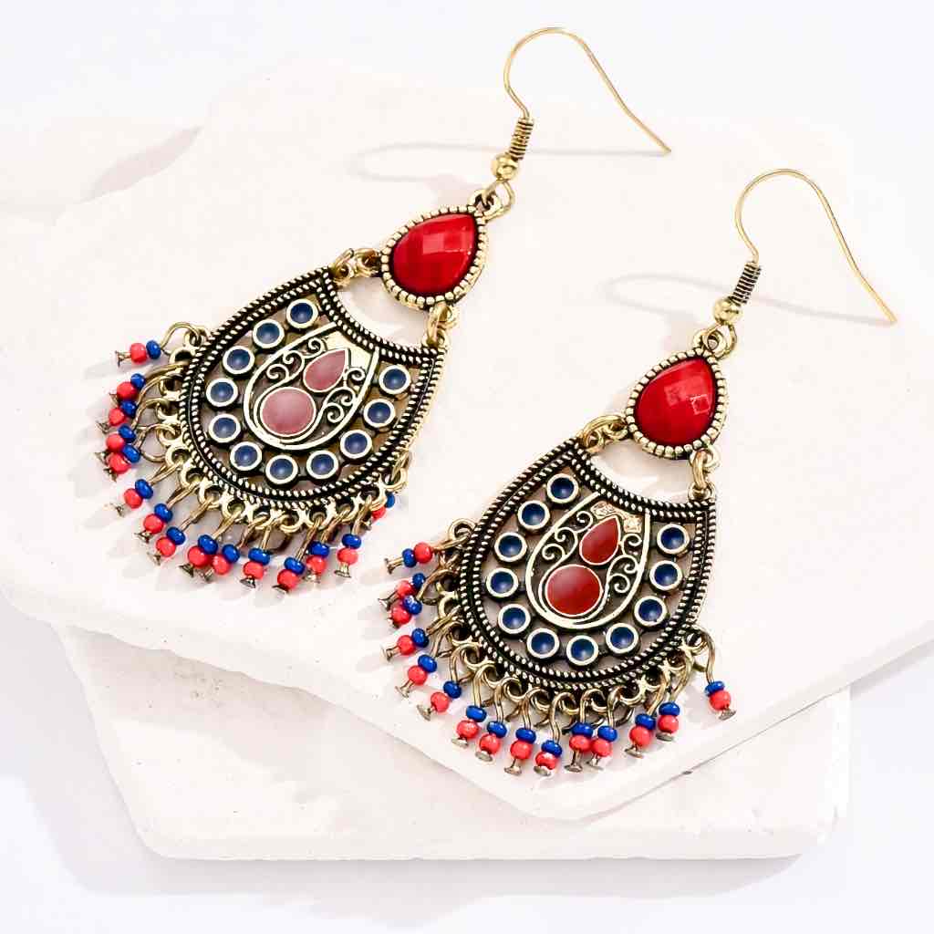 Front view of an earrings - Premium | Ruby Red Ethnic Stone Earrings - Earthy Origin