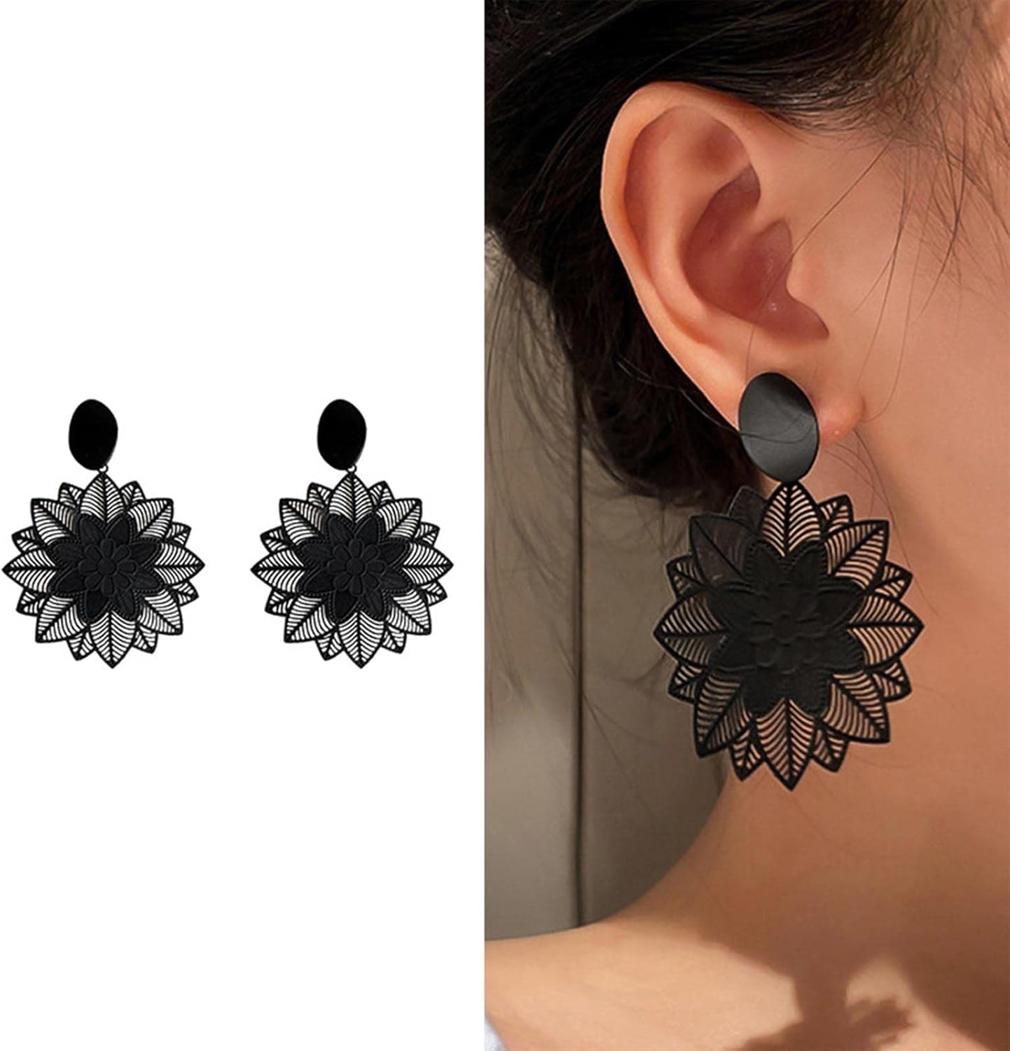 A split image showing a pair of black geometric flower drop earrings on a white background and one earring being worn on a woman's ear.