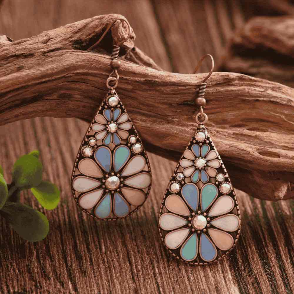 Bohemian Enamel Floral Teardrop Earrings - Pastel Colors