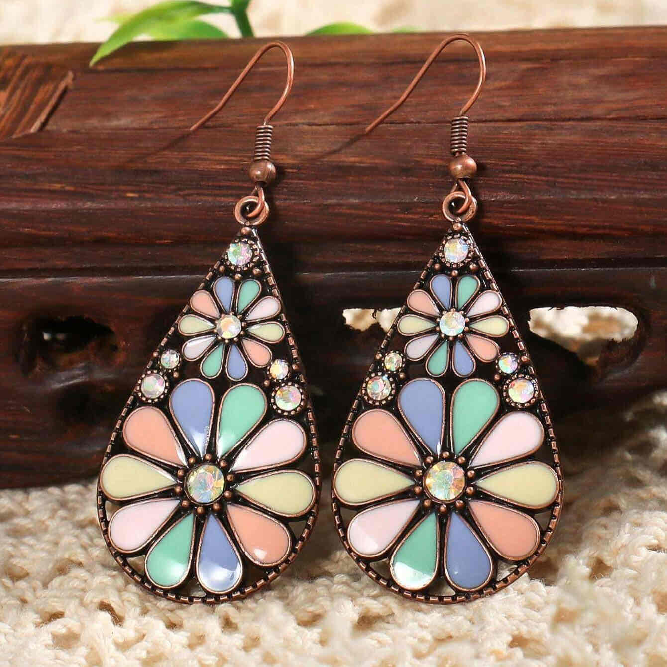 Bohemian Enamel Floral Teardrop Earrings - Pastel Colors