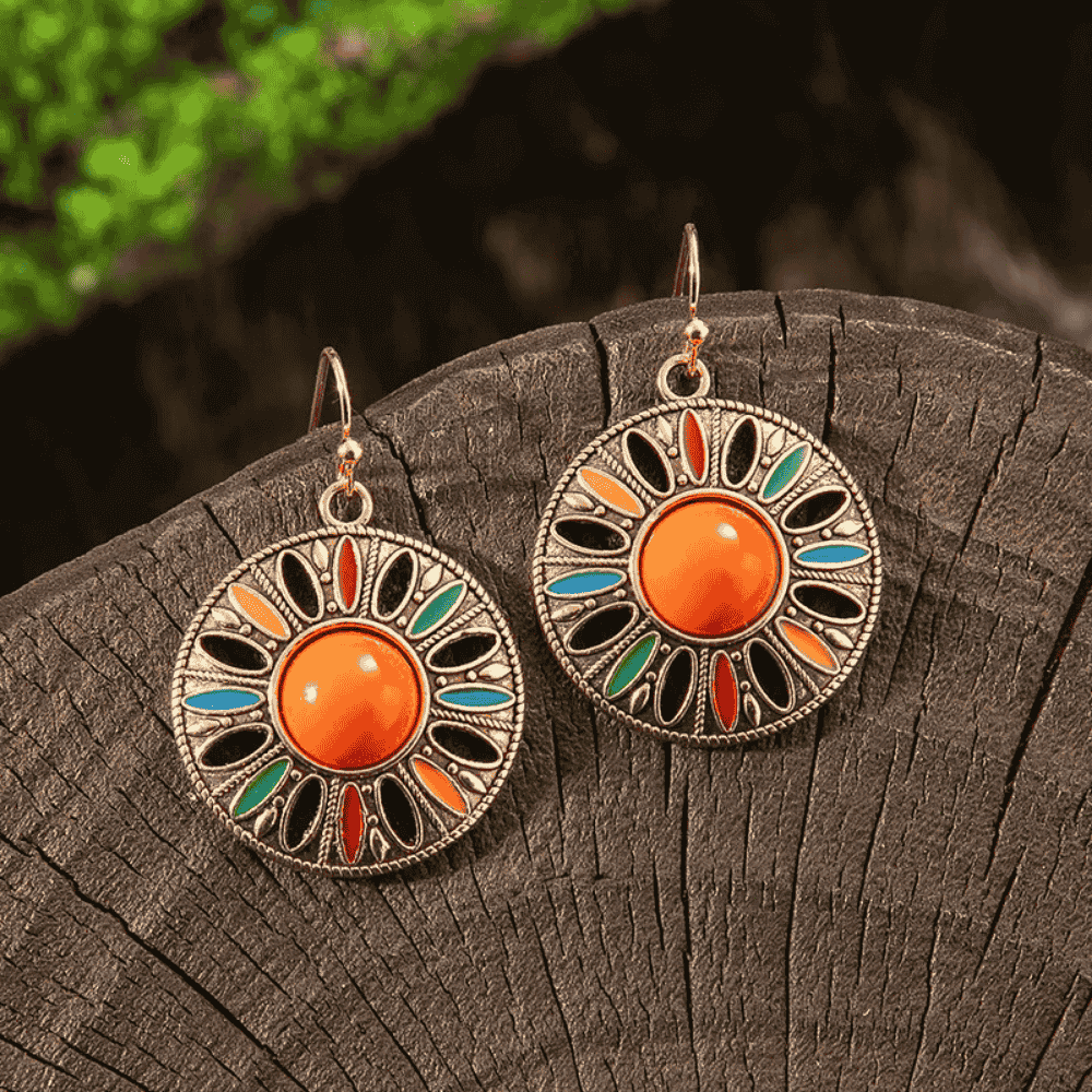 Bohemian Oxidised Alloy Round Drop Earrings - Orange Stone Inlay