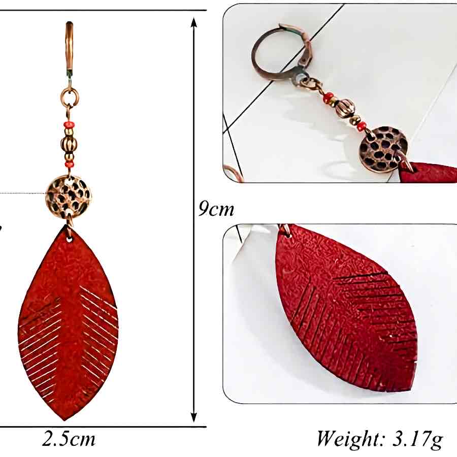 A detailed view of a single red leaf leather boho earring, showing its 9cm length and 2.5cm width, with a weight of 3.17g.