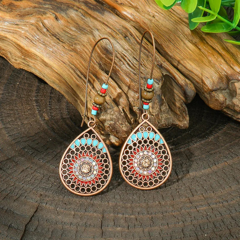 Boho Oxidised Teardrop Earrings - Mandala & Turquoise Accent