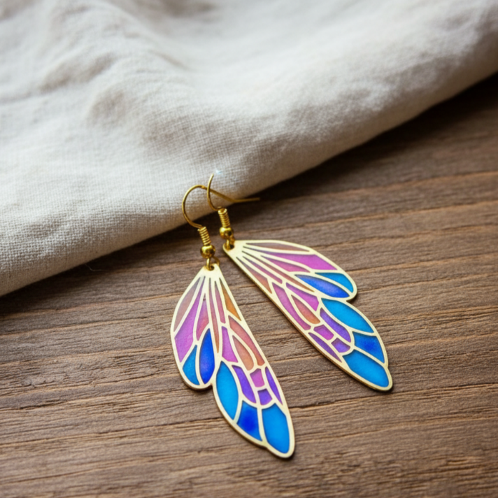 Close-up of a pair of gold-tone butterfly wing boho earrings with vibrant blue, purple, and pink resin on a wooden surface next to a linen cloth.