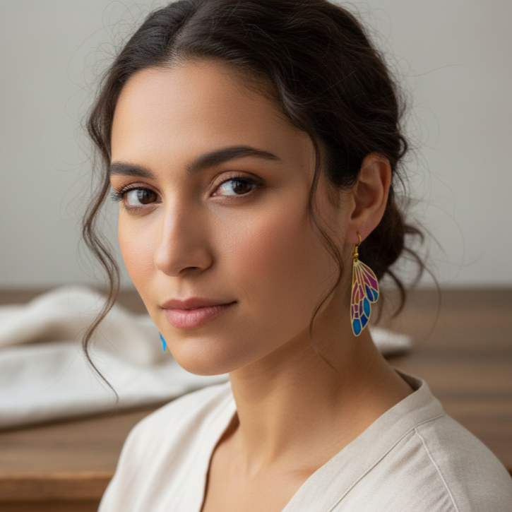 A woman wearing a light-colored top and a single gold-tone butterfly wing boho earring with blue, purple, and pink resin, looking directly at the camera.