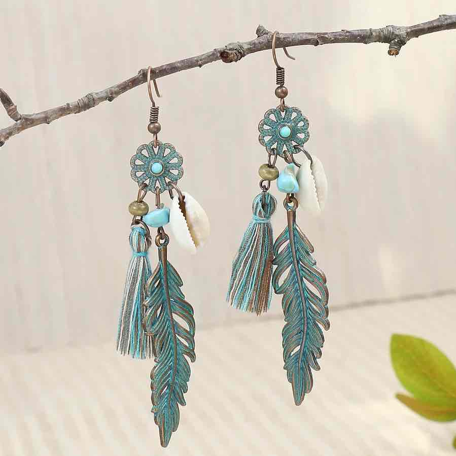 Unique Oxidised Boho Dangle Earrings with Shell and Feather - Left bottom detail | Earthy Origin