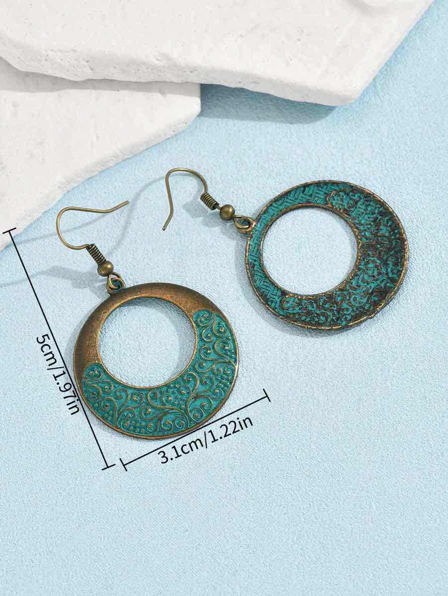 Two oxidised boho hoop earrings with a teal filigree design, showing their dimensions of 5cm (1.97in) length and 3.1cm (1.22in) width.