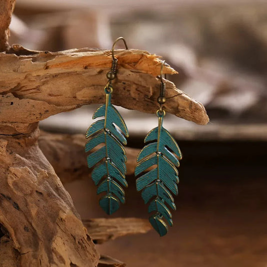 Oxidised teal leaf drop earrings - front view | Zuzu's Trove