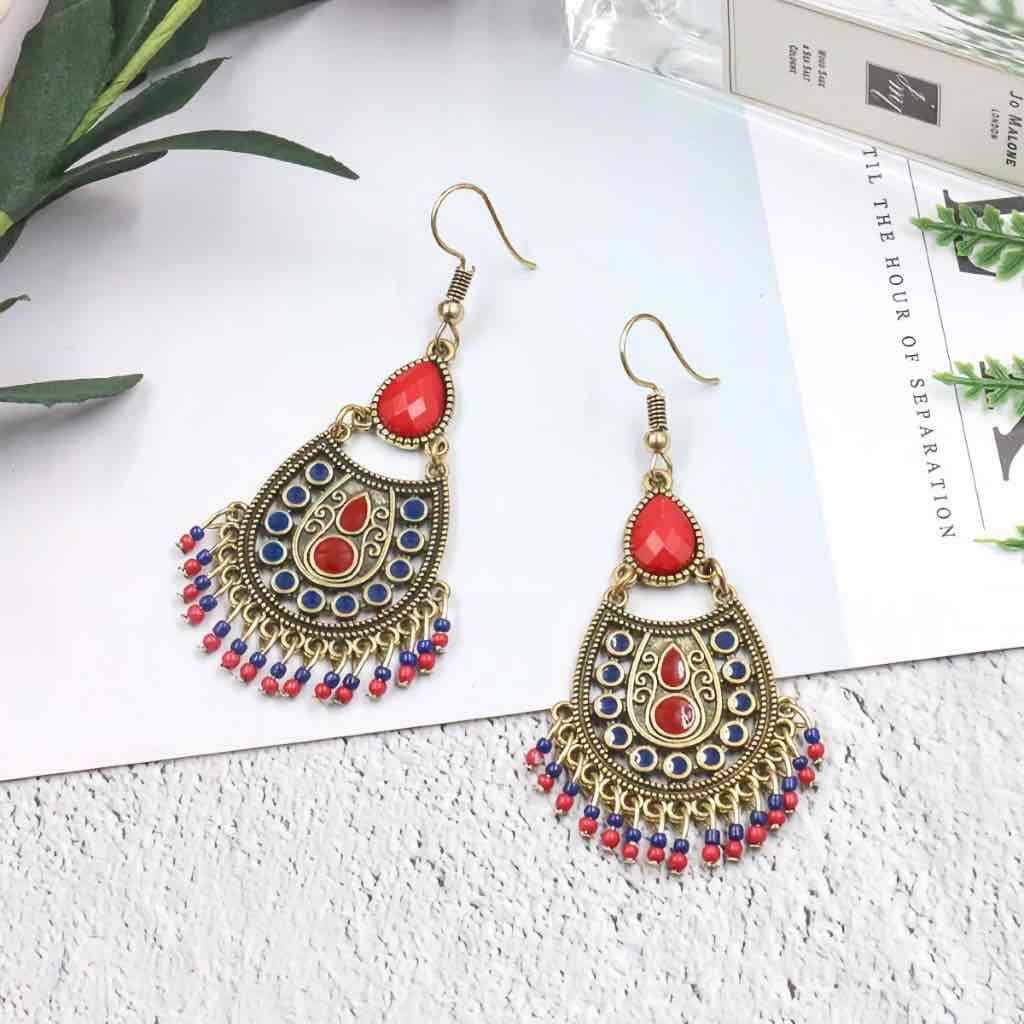 Front view of an earrings - Premium | Ruby Red Ethnic Stone Earrings - Earthy Origin